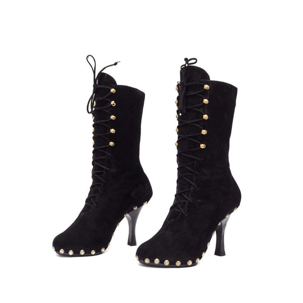 RARE 90s VTG Manolo Blahnik Suede Studded Accents Lace-Up Boots 36 US6